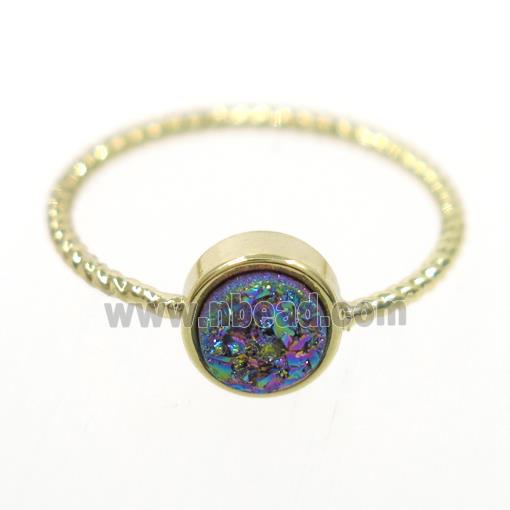 rainbow druzy quartz ring, circle, gold plated