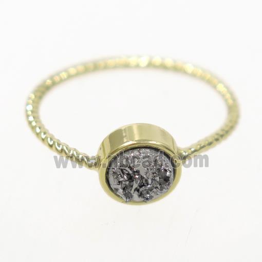 silver druzy quartz ring, circle, gold plated