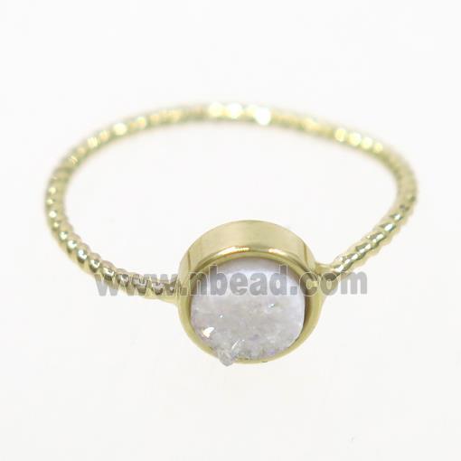 white ab-color druzy quartz ring, circle, gold plated