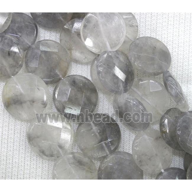 natural cloudy quartz beads, grey, faceted flat-round