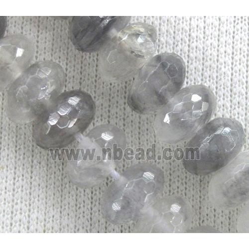 natural cloudy quartz beads, grey, faceted rondelle