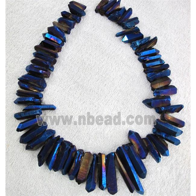 clear quartz stick bead, freeform, blue electroplated