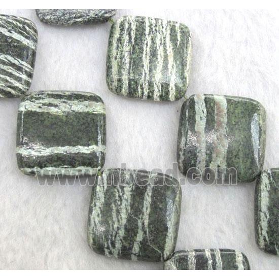 Natural Green Silver-line Jasper Beads, corner-drilled square