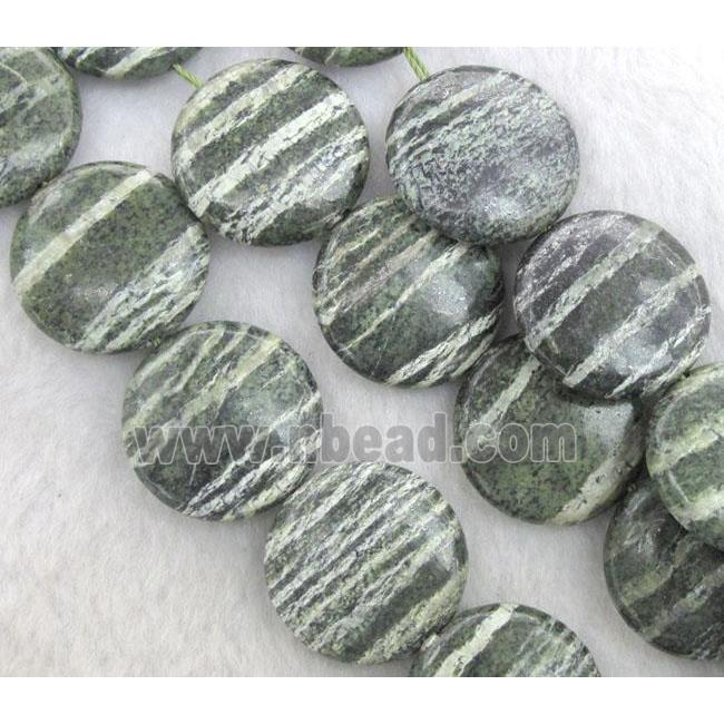 Natural Green Silver-line Jasper Beads, flat-round