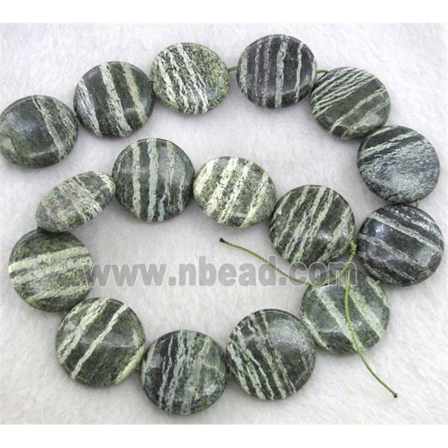 Natural Green Silver-line Jasper Beads, flat-round