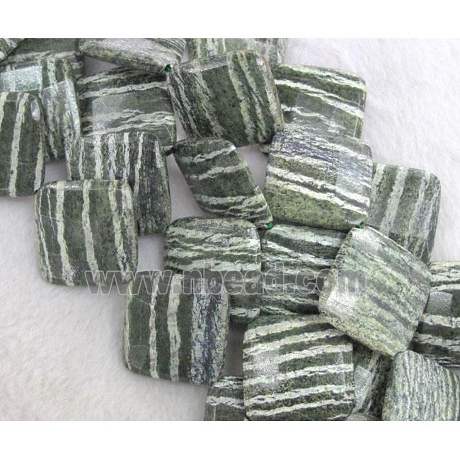 Natural Green Silver-line Jasper Beads, faceted square, corner-drilled