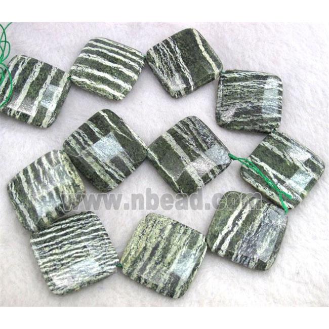Natural Green Silver-line Jasper Beads, faceted square, corner-drilled