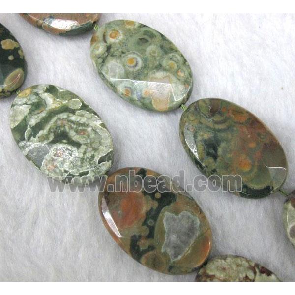 natural Rhyolite beads, green, faceted flat oval