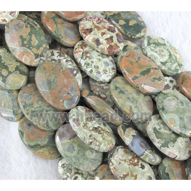 natural Rhyolite beads, green, faceted flat oval