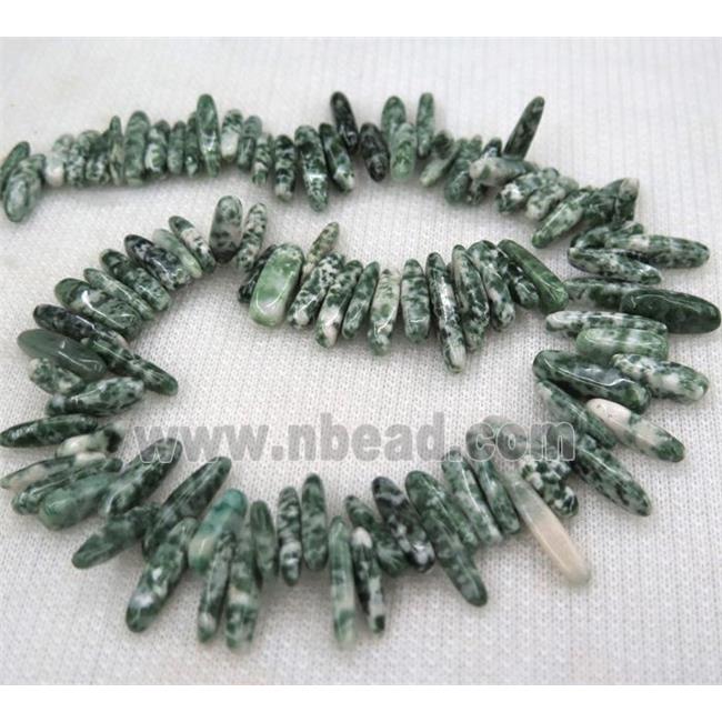 green tree agate beads, stick chip, freeform