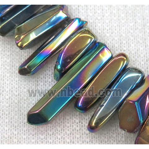 clear quartz bead, stick, freeform, polished, rainbow electroplated