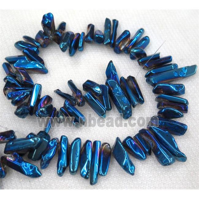 clear quartz bead, stick, freeform, polished, blue electroplated