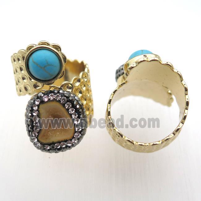 yellow Agate Druzy Rings paved rhinestone, copper, gold plated