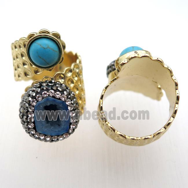 blue Agate Druzy Rings paved rhinestone, copper, gold plated
