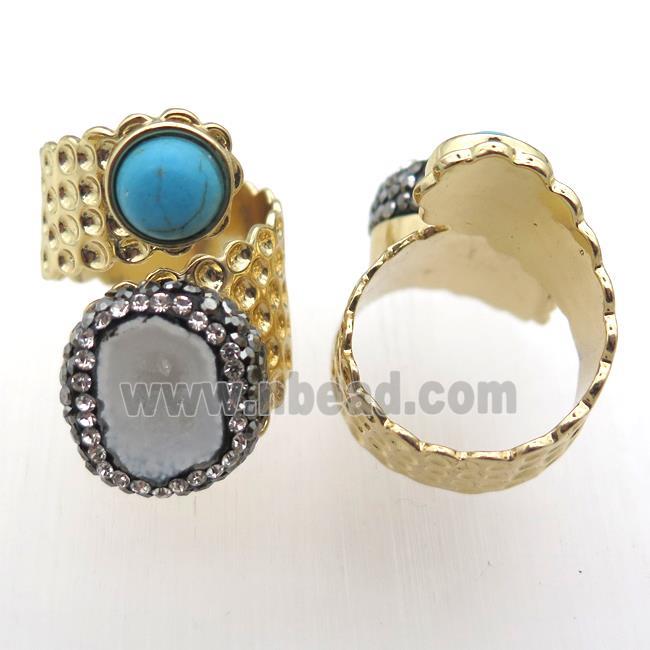 white Agate Druzy Rings paved rhinestone, copper, gold plated