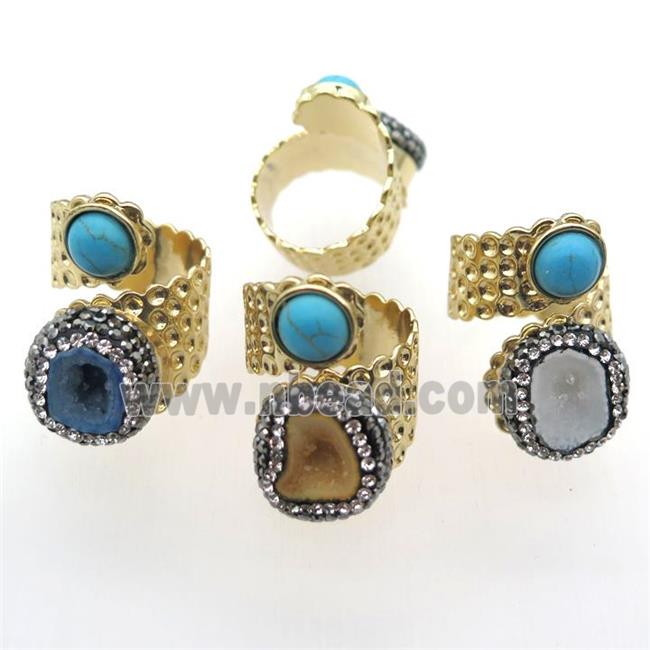 mix color Agate Druzy Rings paved rhinestone, copper, gold plated
