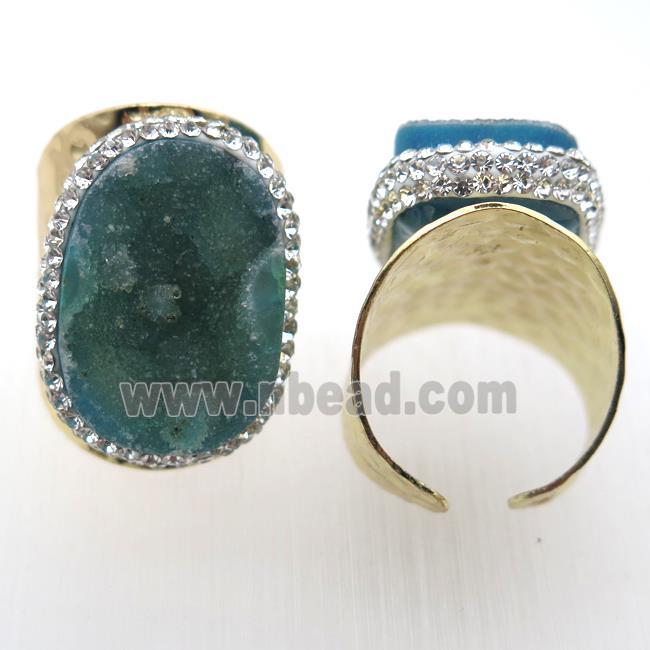 green Agate Druzy Rings paved rhinestone, copper, gold plated