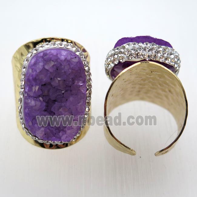 purple Agate Druzy Rings paved rhinestone, copper, gold plated