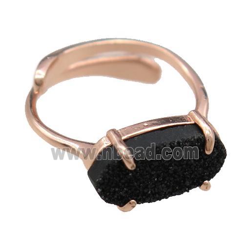 copper Rings with black Quartz Druzy, resizable, rose gold