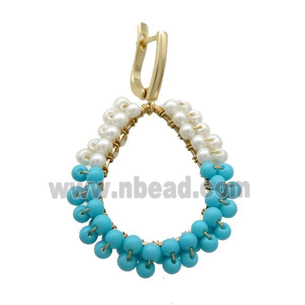 White Blue Pearlized Glass Copper Latchback Earring Gold Plated