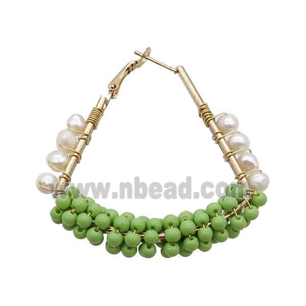 Green Pearlized Glass Copper Latchback Earring White Pearl Gold Plated