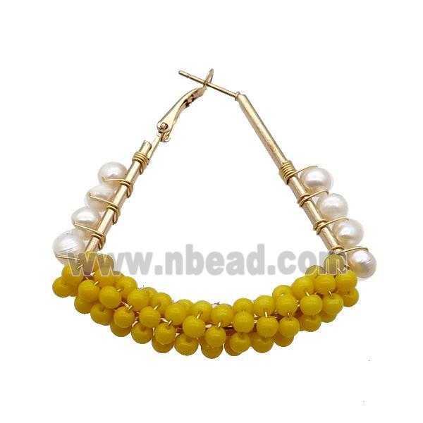 Yellow Pearlized Glass Copper Latchback Earring White Pearl Gold Plated