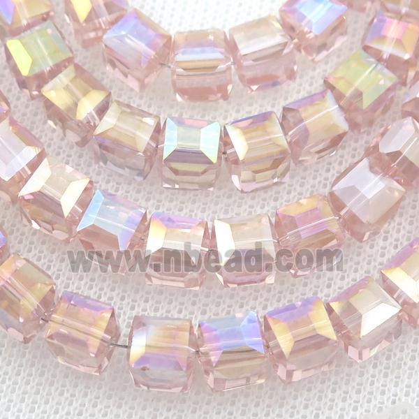 Chinese Crystal Glass Beads, faceted cube, pink AB-color