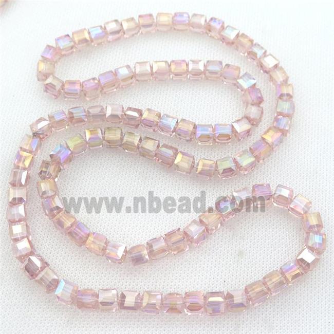 Chinese Crystal Glass Beads, faceted cube, pink AB-color
