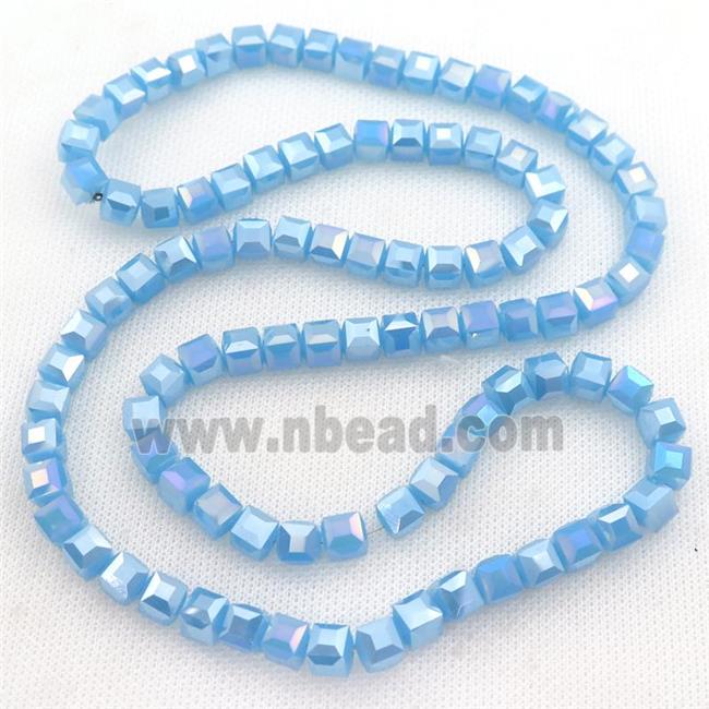 Jadeite Glass Beads, faceted cube, blue AB-color