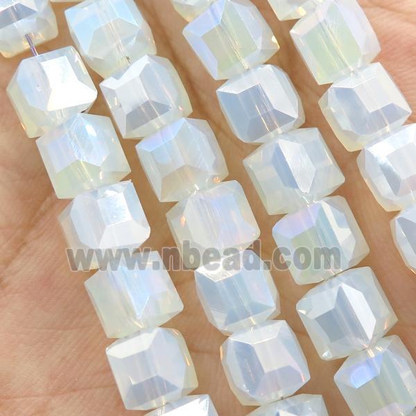 Jadeite Glass Beads, faceted cube, white opalited