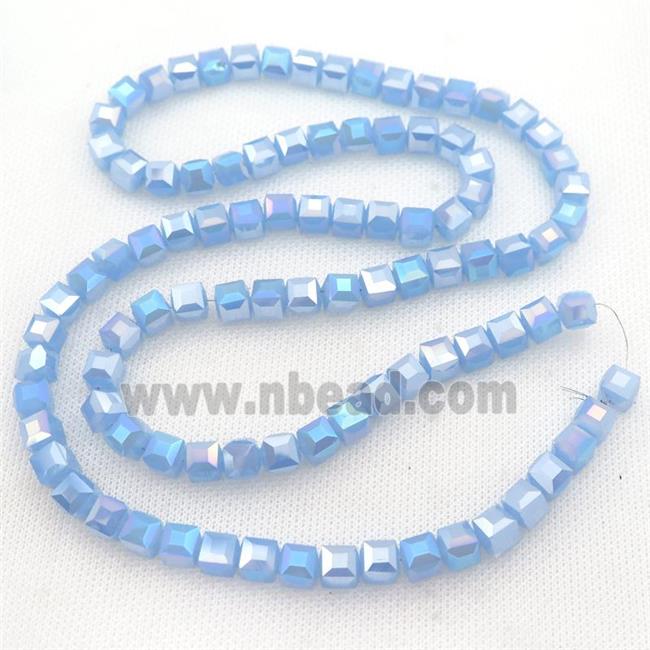 Jadeite Glass Beads, faceted cube, blue AB-color