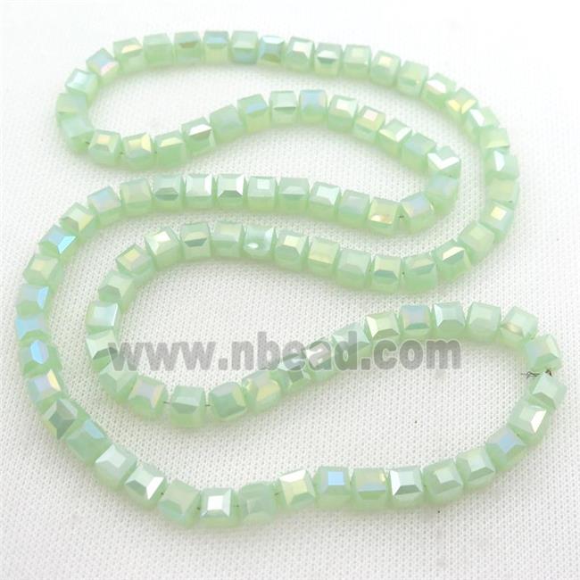 Jadeite Glass Beads, faceted cube, green AB-color