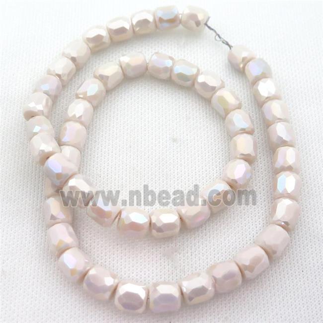 Jadeite Glass Beads, faceted barrel, beige cream