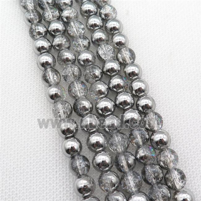 round Crackle Crystal Glass Beads, half silver plated