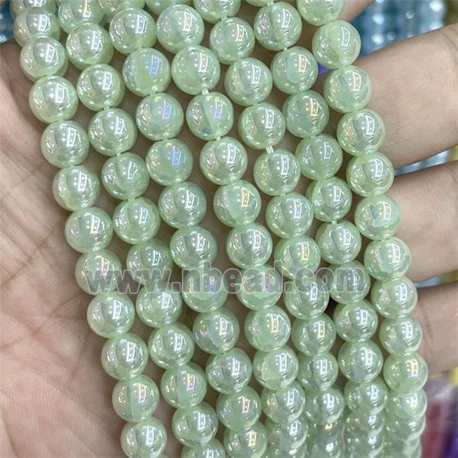 Green Jadeite Glass Beads Smooth Round Electroplated