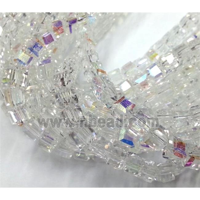 Chinese crystal glass bead, faceted cube, white AB color