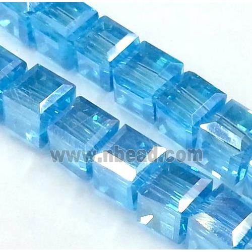 Chinese crystal glass bead, faceted cube, blue