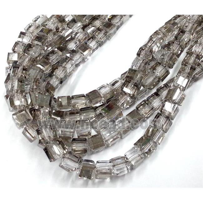 Chinese crystal glass bead, faceted cube, grey and half silver plated