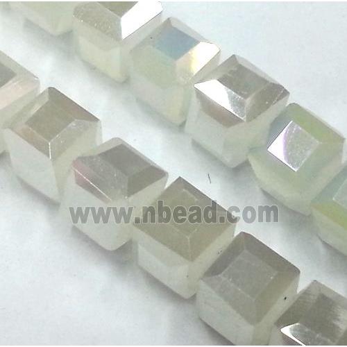 Chinese crystal glass bead, faceted cube, white jade AB color