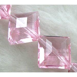 Crystal Glass Beads, faceted square, corner-drilled, Pink