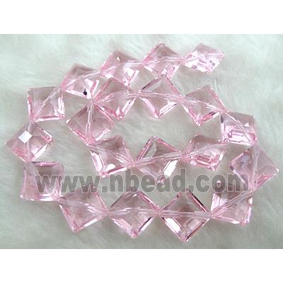 Crystal Glass Beads, faceted square, corner-drilled, Pink