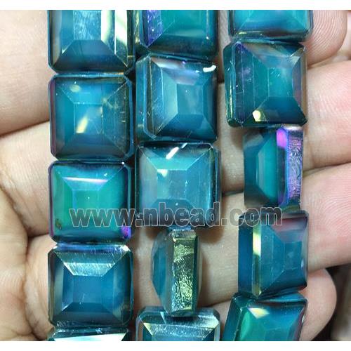 chinese crystal glass bead, faceted square, peacock green