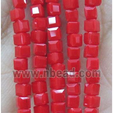 chinese crystal glass bead, faceted cube, red