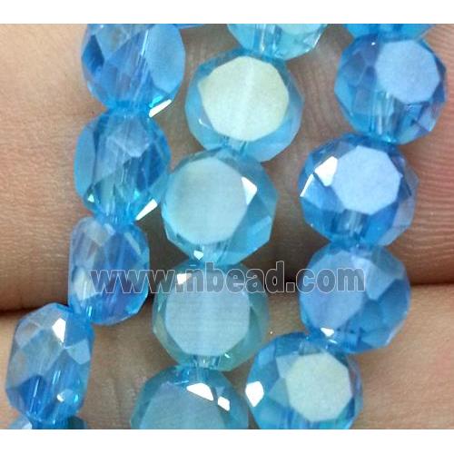 Chinese crystal glass bead, faceted flat round, aqua