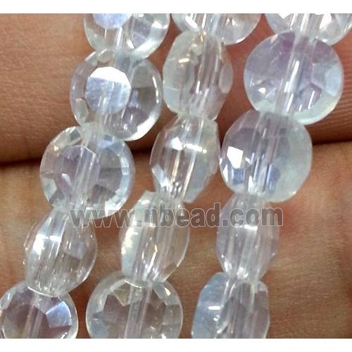 Chinese crystal glass bead, faceted flat round, white AB color