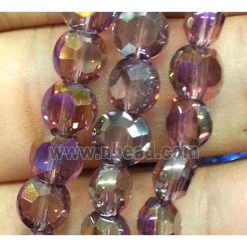 Chinese crystal glass bead, faceted flat round, purple AB color