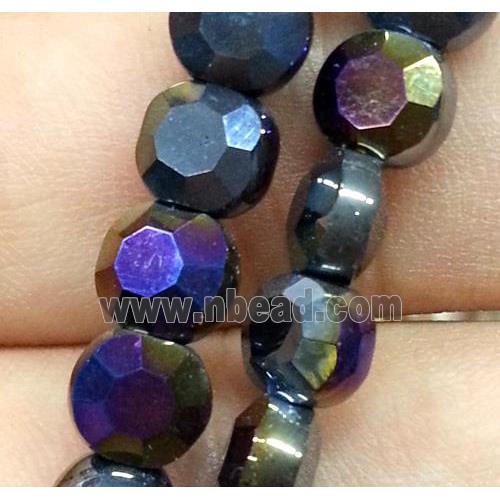 Chinese crystal glass bead, faceted flat round, black AB color