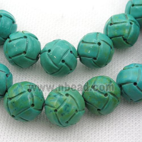 green Sinkiang Turquoise round beads, football, carved
