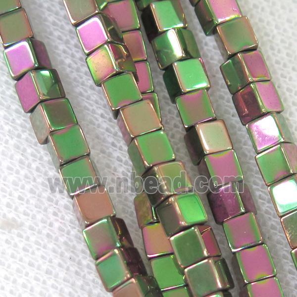 Hematite cube beads, greenred electroplated
