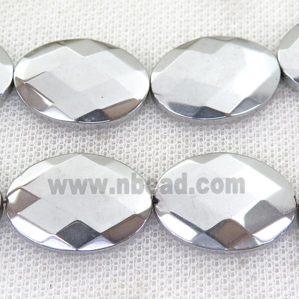 Hematite Beads, faceted oval, silver plated